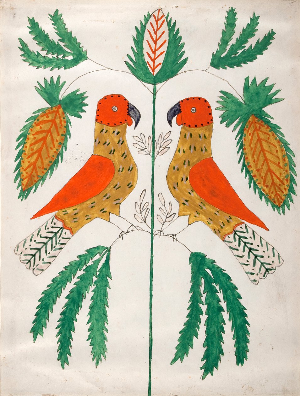 Deux perroquets rouges et jaunes se faisant face (Feuilles vertes) - Unknown artist