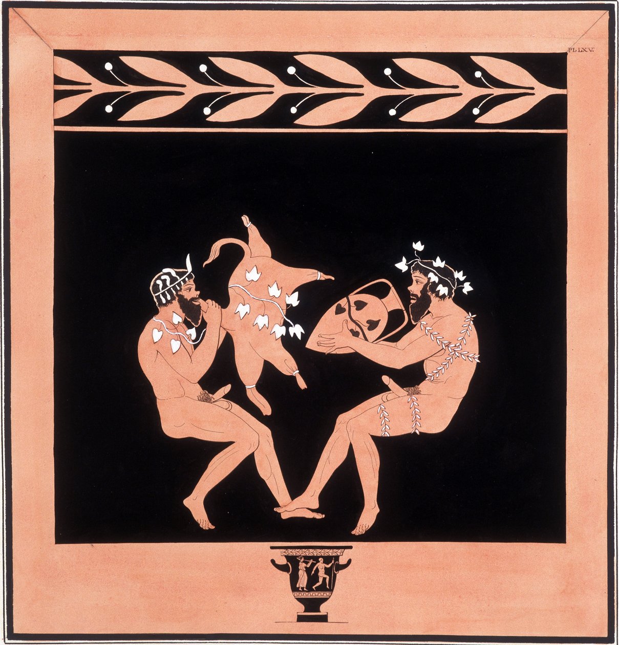 Deux faunes mangeant et buvant du vin - « Peintures de vases antiques, vulgairement appelés étrusques », tirées de diverses collections et gravées par A. Clener, accompagnées d