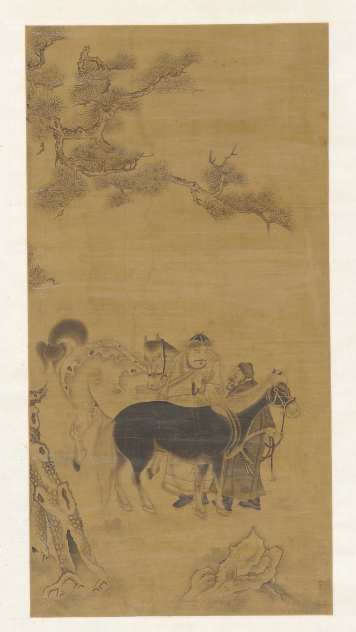 Deux hommes et deux chevaux sous un pin - Unknown artist