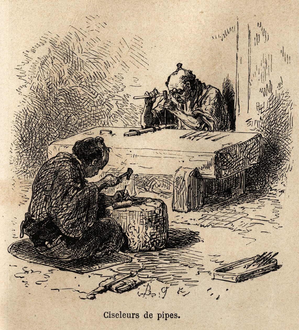 Deux ouvriers, chacun avec un marteau et un poinçon, sculptent des tuyaux en métal dans leur atelier. Gravure pour illustrer le voyage au Japon, par Aimé Humbert, ministre de la Confédération suisse, en 1863-1864, publié dans "Le tour du monde", sous la di - Unknown artist
