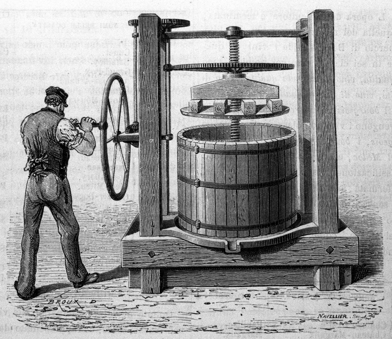 Utilisation de la presse pour obtenir du marc de raisin à Médoc et Cognac. Gravure de la fin du XIXe siècle - Unknown artist