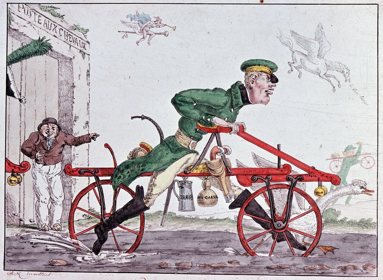 Vélocipèdes draisiennes - caricature sur le Baron Drais - Unknown artist