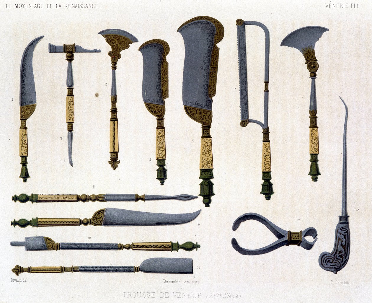 Planche de vénerie : équipement du veneur du XVIe siècle. Dans « Le Moyen Âge et la Renaissance » par Lacroix. - Unknown artist
