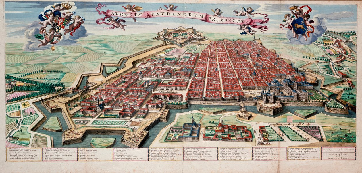 Vue et plan de la ville de Turin en 1700. Gravure en couleur - Unknown artist