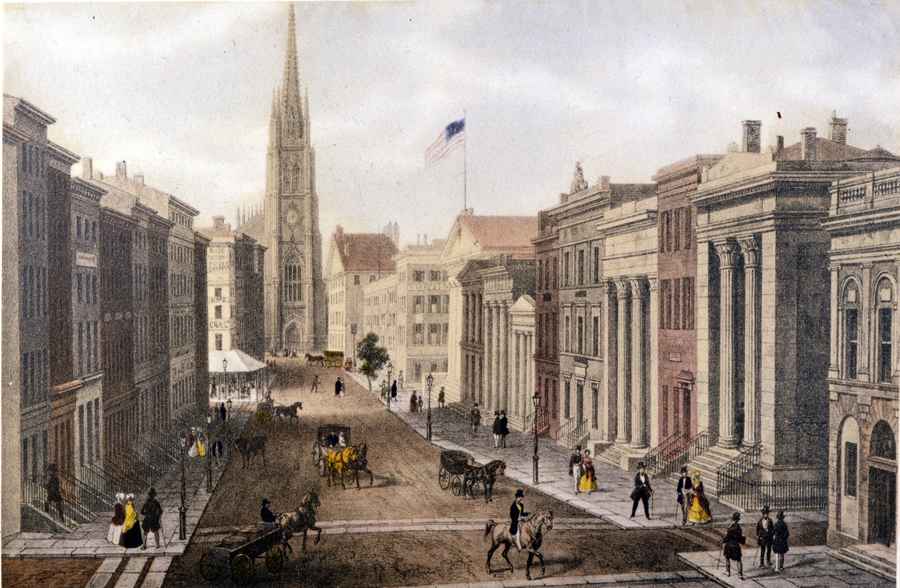 Vue de New York : vue de Wall Street depuis William Street. Lithographie sd. vers le milieu du 19ème siècle. - Unknown artist