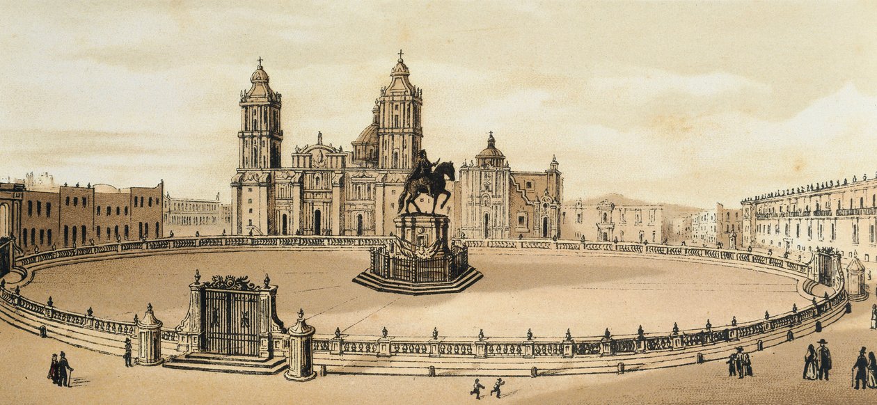 Vue de la place Zócalo et de la cathédrale à Mexico, Mexique. Lithographie de la fin du XIXe siècle - Unknown artist