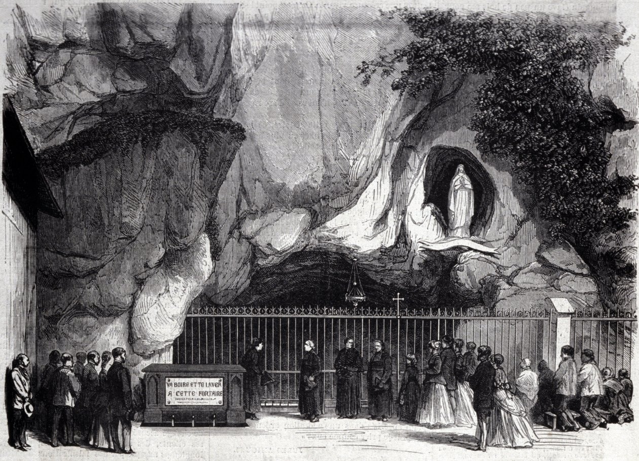 Vue de la grotte de Lourdes dans les Hautes-Pyrénées où la Vierge est apparue à Bernadette Soubirous (1844-1879) en 1858, lieu de pèlerinage actuel. Gravure du 19ème siècle. - Unknown artist