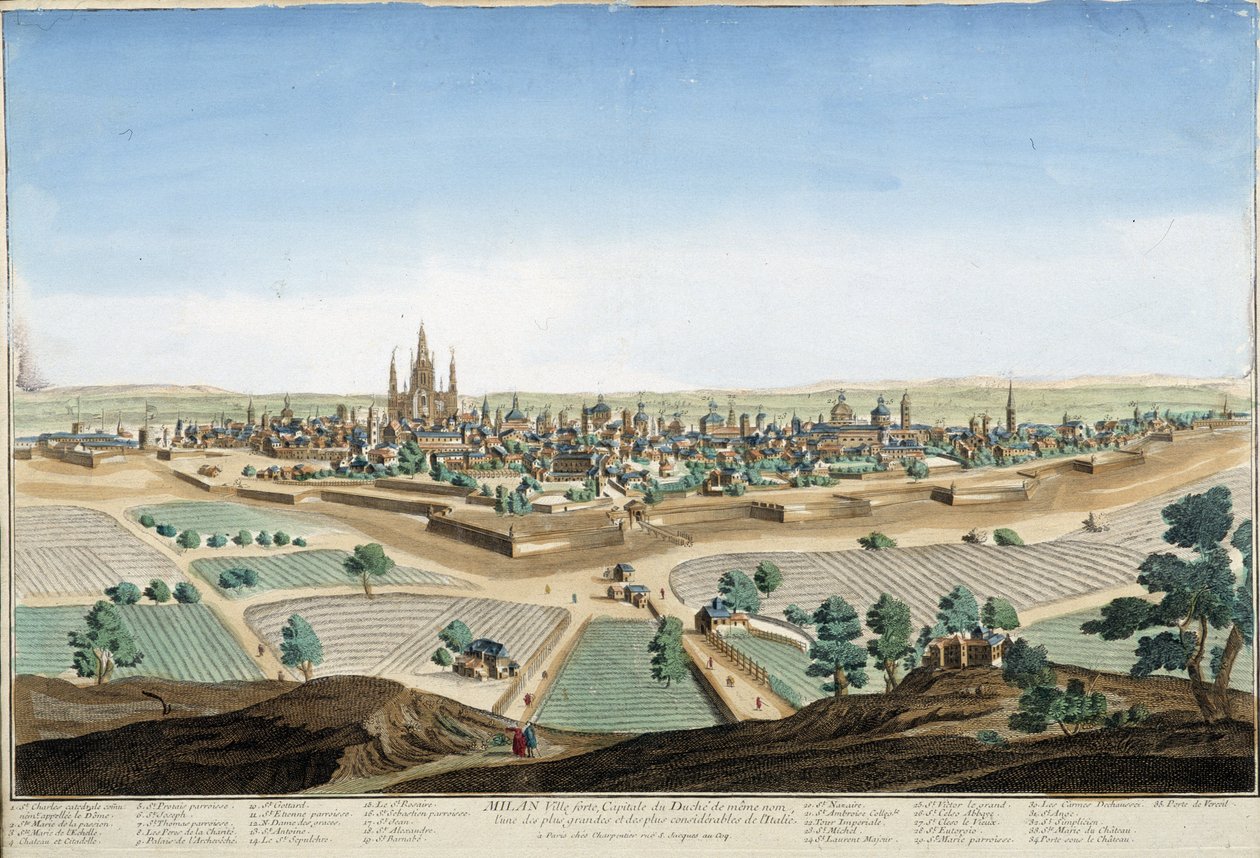 Vue de la ville de Milan, Italie avec la cathédrale et les fortifications. Gravure du 18ème siècle - Unknown artist