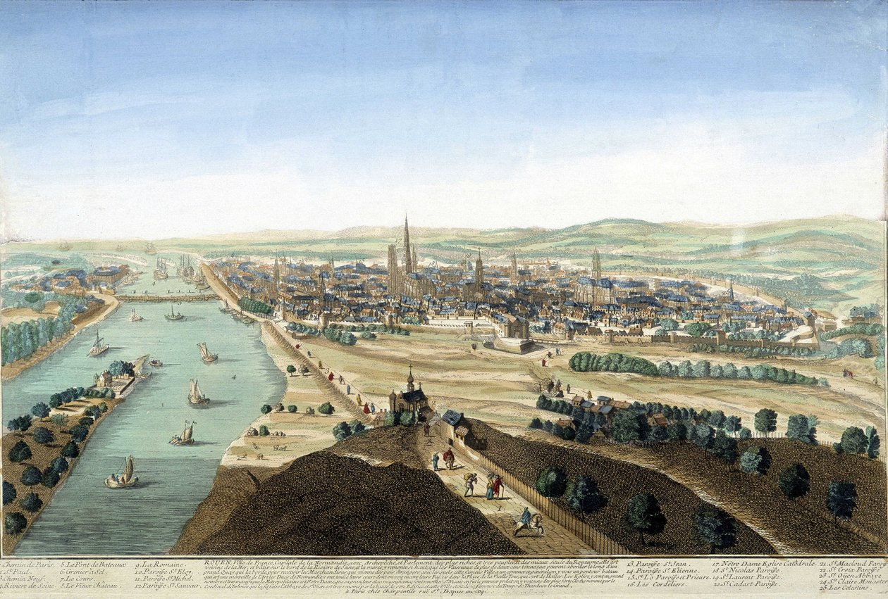 Vue du port et de la ville de Rouen ; Gravure du 18e siècle - Unknown artist