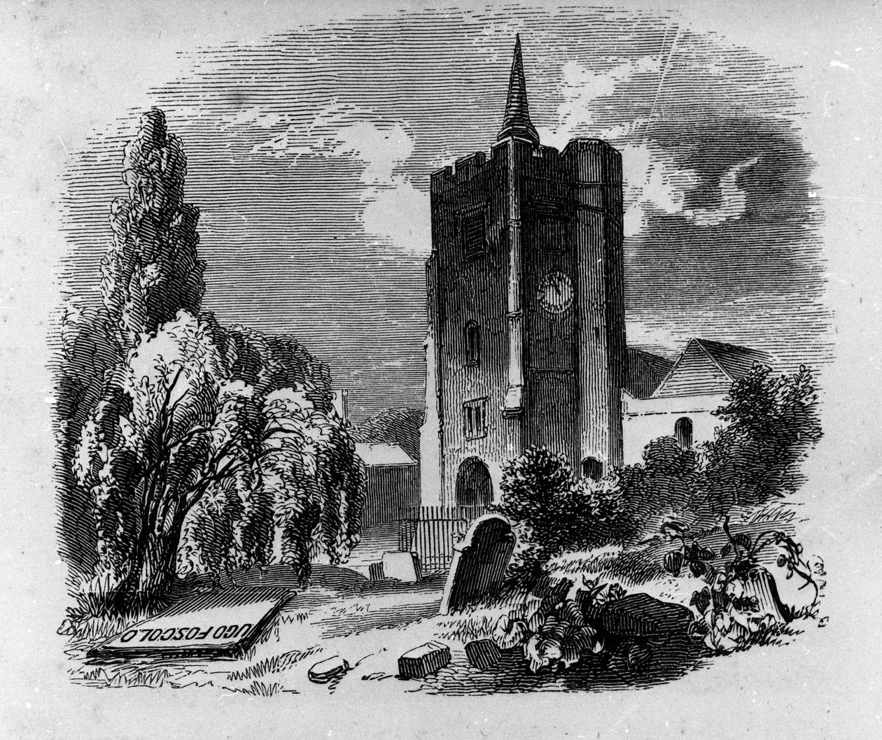 Vue de la tombe du poète et dramaturge italien Ugo Foscolo (1778-1827) au cimetière de Chiswick à Londres. Gravure du XIXe siècle - Unknown artist