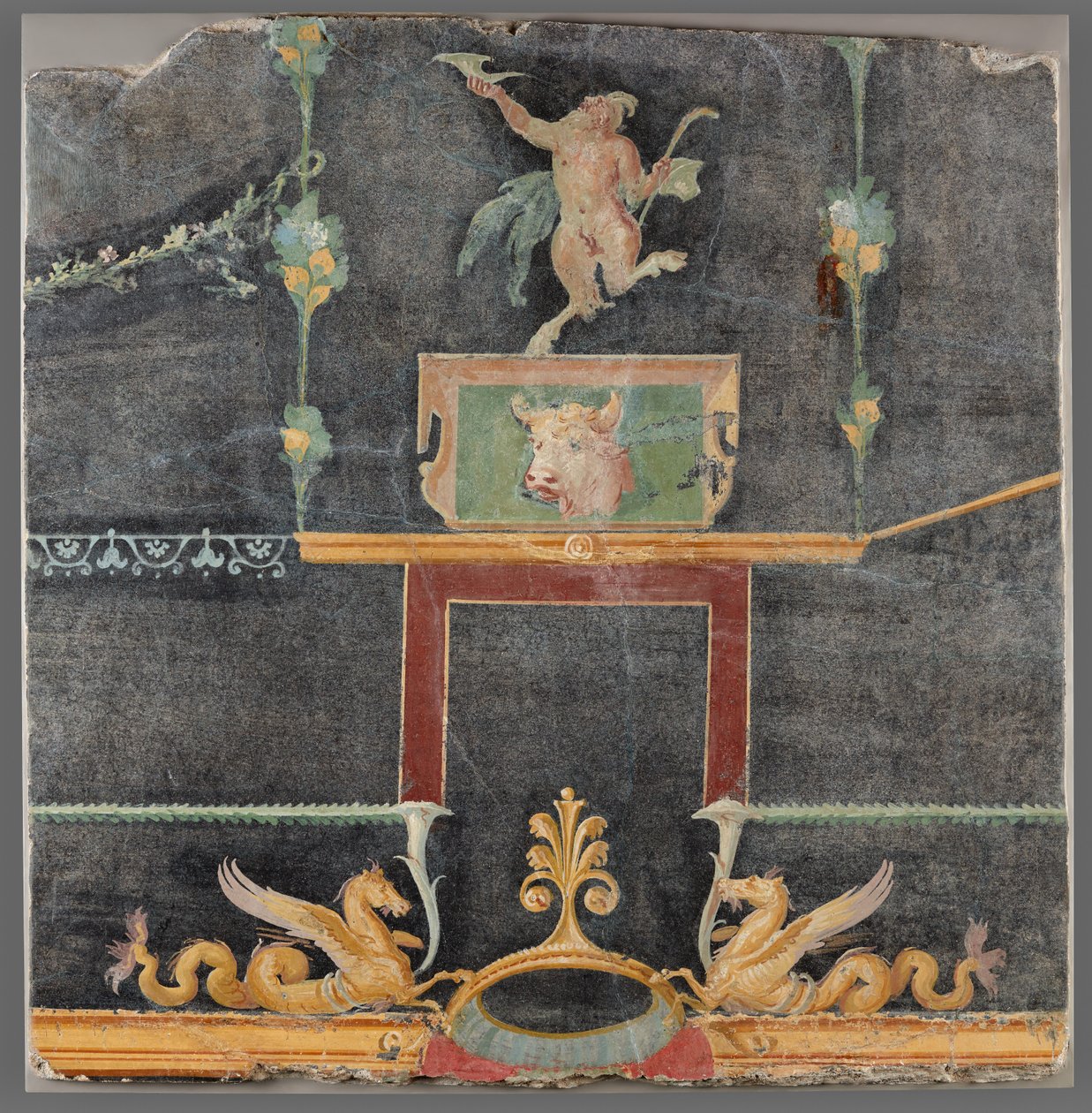 Fragment de mur avec satyre dansant, hippocampes et autres motifs décoratifs sur fond noir - Unknown artist