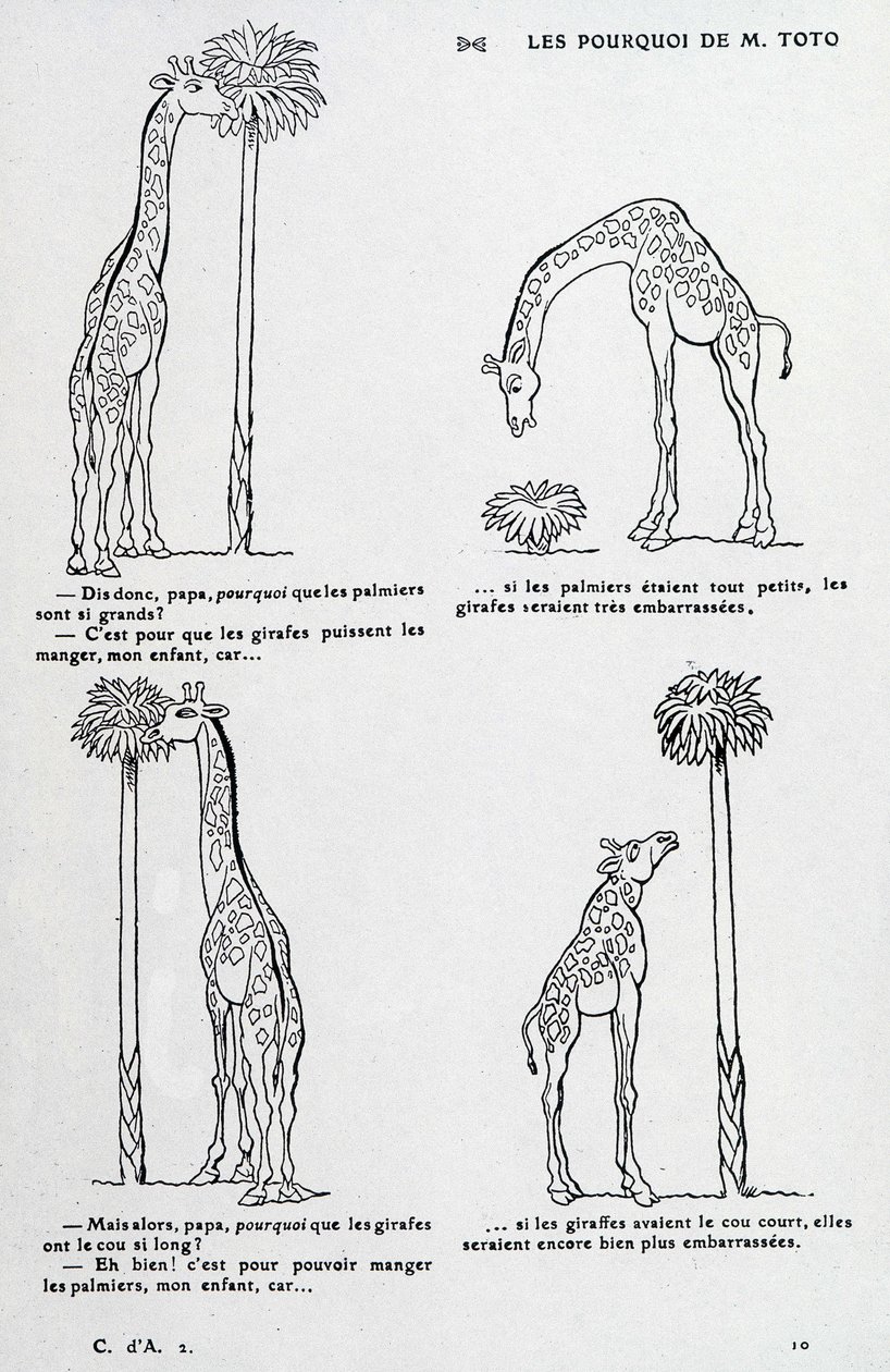 Pourquoi de M. Toto : Pourquoi le palmier est si grand et pourquoi la girafe a un si long cou. (dessin comique sur la théorie de Darwin) - Unknown artist