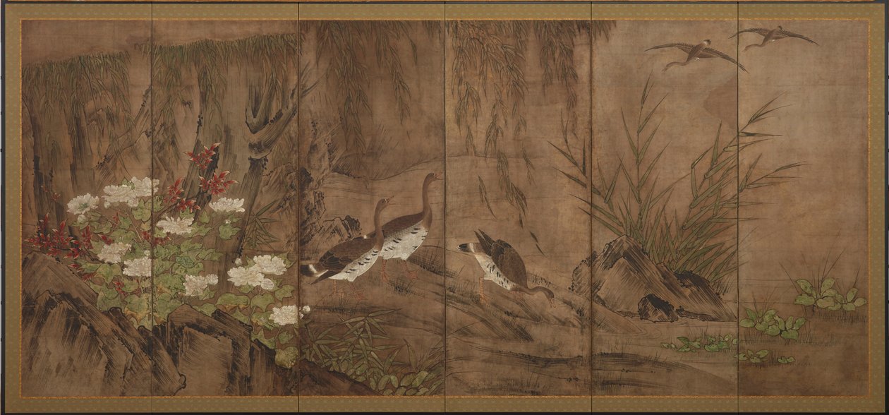 Oies sauvages, saules et pivoines - Unknown artist