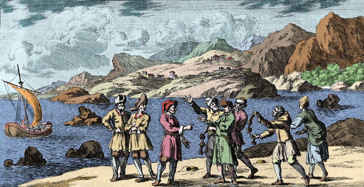 Sorcières et croyances : Finlandais et Samis provoquant une tempête par la magie de trois nœuds. Gravure de "Mundi Mirabilis Oeconomia" par Johann Zahn (1631-1707) - Unknown artist