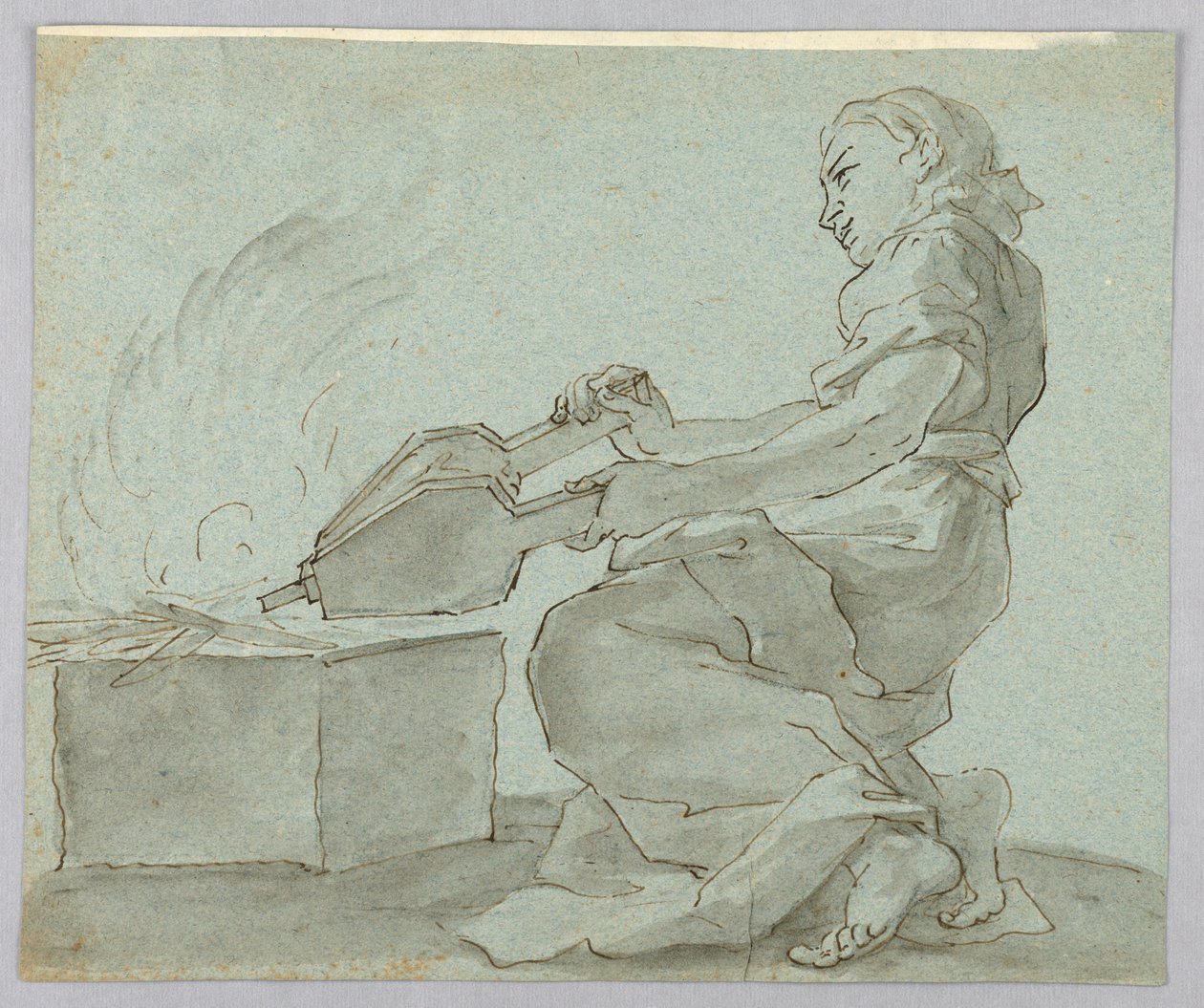 Femme avec soufflet allumant le feu - Unknown artist