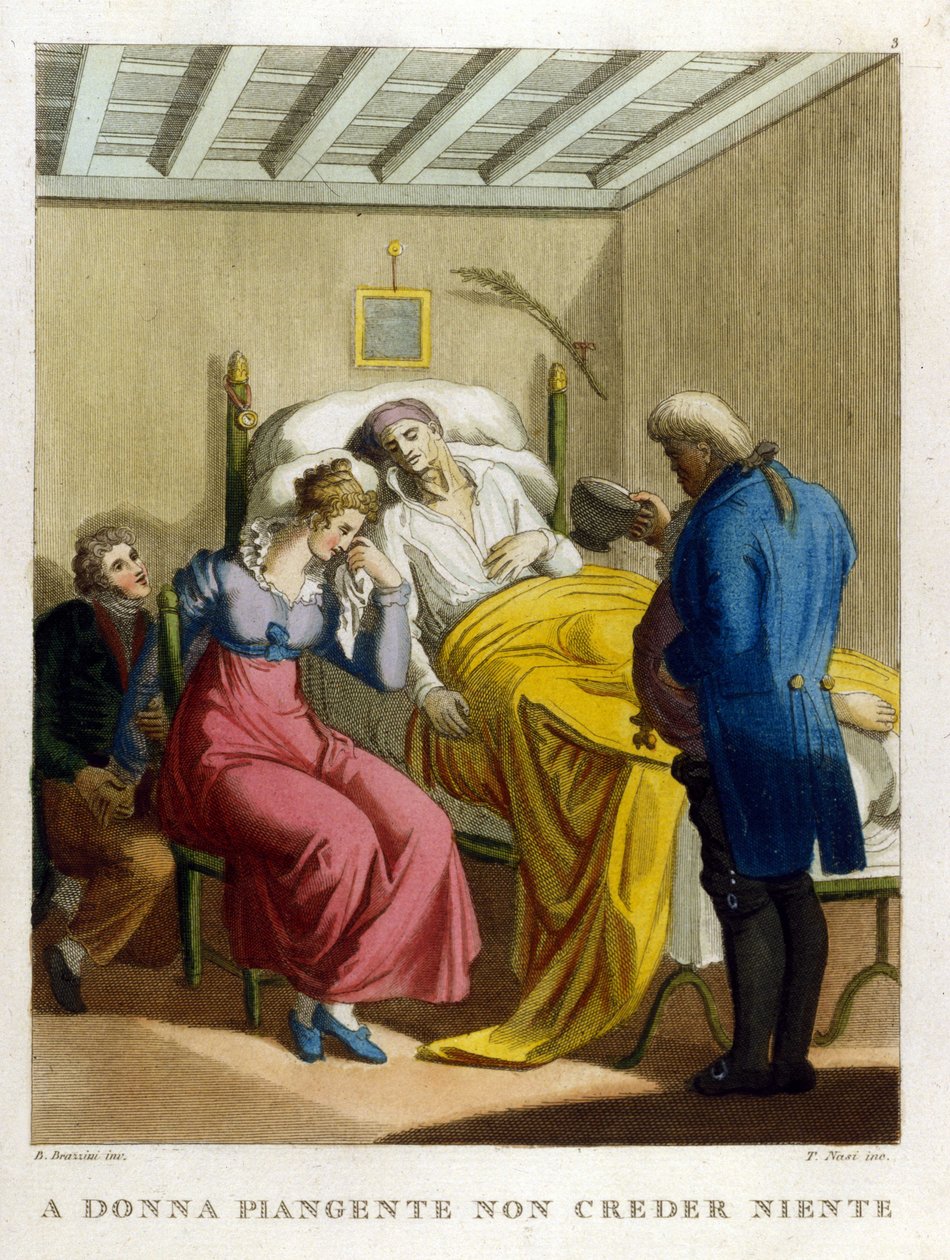 « Les larmes de femme, fontaine de malice. Regarder une femme pleurer. » Gravure du 18ème siècle illustrant une série de proverbes - Unknown artist