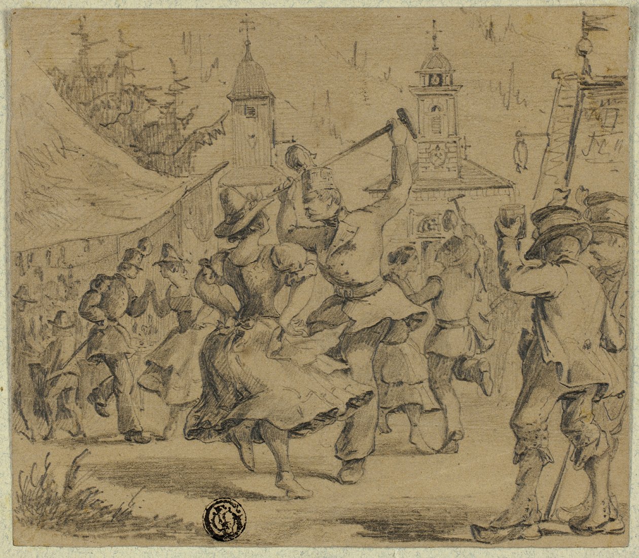 Femmes et soldats dansant sur la place du village - Unknown artist