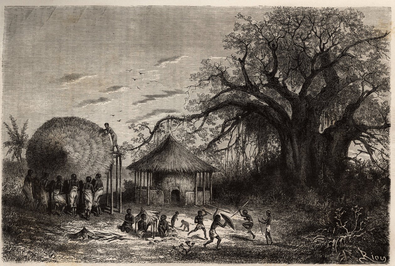 Femmes des bords du Zambèze agitant des huttes et au premier plan, jeu d