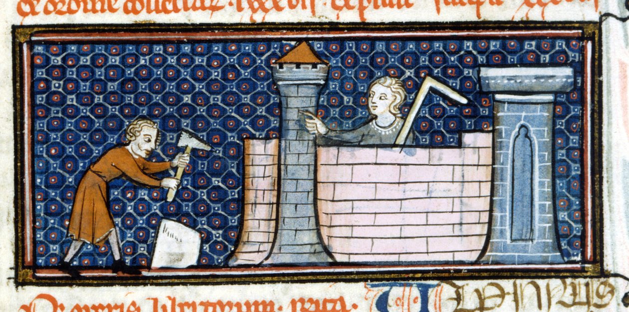 Travailleurs construisant un monastère fortifié, miniature du milieu du XIIIe siècle. Biblioteca Trivulziana - Unknown artist