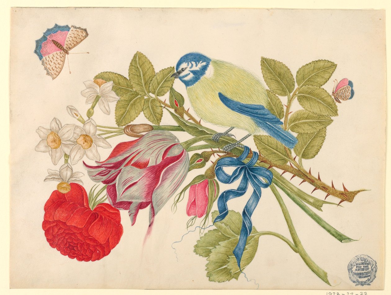 Oiseau jaune et bleu sur bouquet avec rose, tulipes et jonquilles, avec papillons - Unknown artist