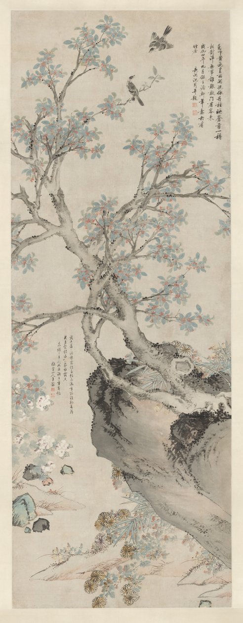Chrysanthèmes jaunes et Osmanthus rouges dans le style de Wang Yuan - Unknown artist