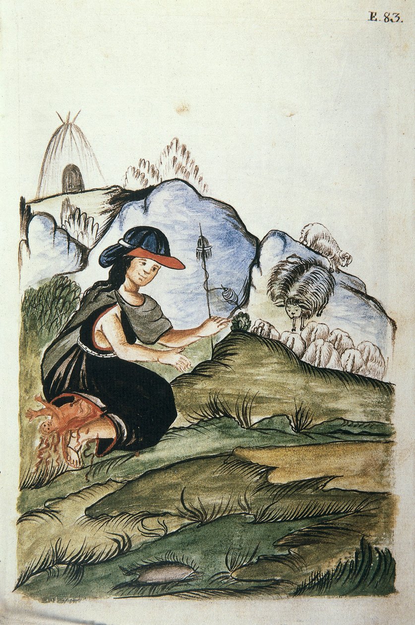 Jeune bergère indienne accouchant dans la nature, du livre "Trujillo del Peru" ou "Codex Martínez Compañón" - Unknown artist