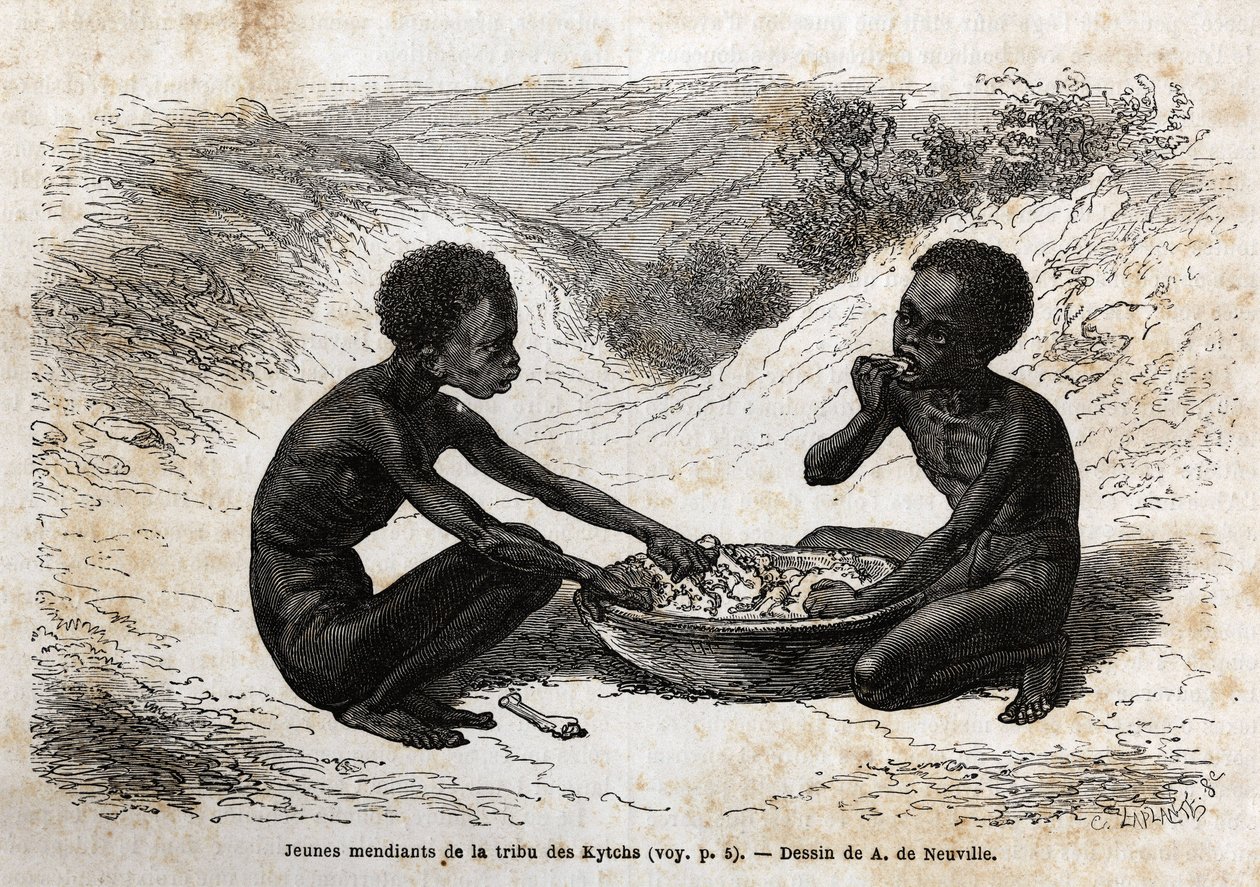 Jeunes mendiants de la tribu Kychi (située dans la région du Haut-Nil) prenant un repas en échange de quelques fagots. Gravure pour illustrer le voyage au lac Albert - Unknown artist