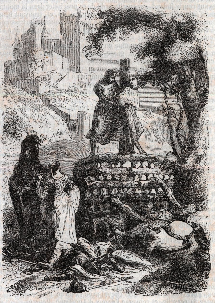 Zerbin sur le bûcher, délivré par Roland - gravure de 1851 de « Roland furieux » - Unknown artist