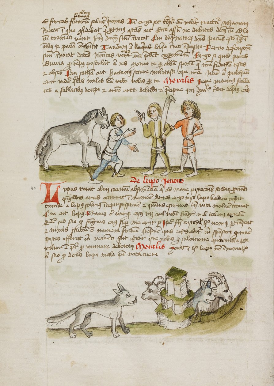 Un homme menant un cheval à deux autres hommes ; un loup devant un troupeau de moutons et de béliers - Unknown artist/maker