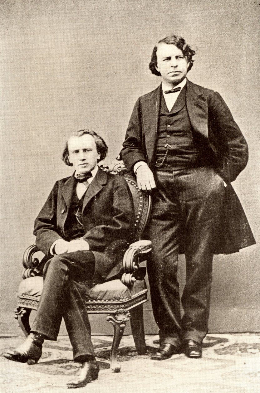 Johannes Brahms (1833-1897) compositeur allemand, assis, avec Joseph Joachim (1831-1907) violoniste et compositeur hongrois, et directeur du Conservatoire de Berlin - Unknown photographer