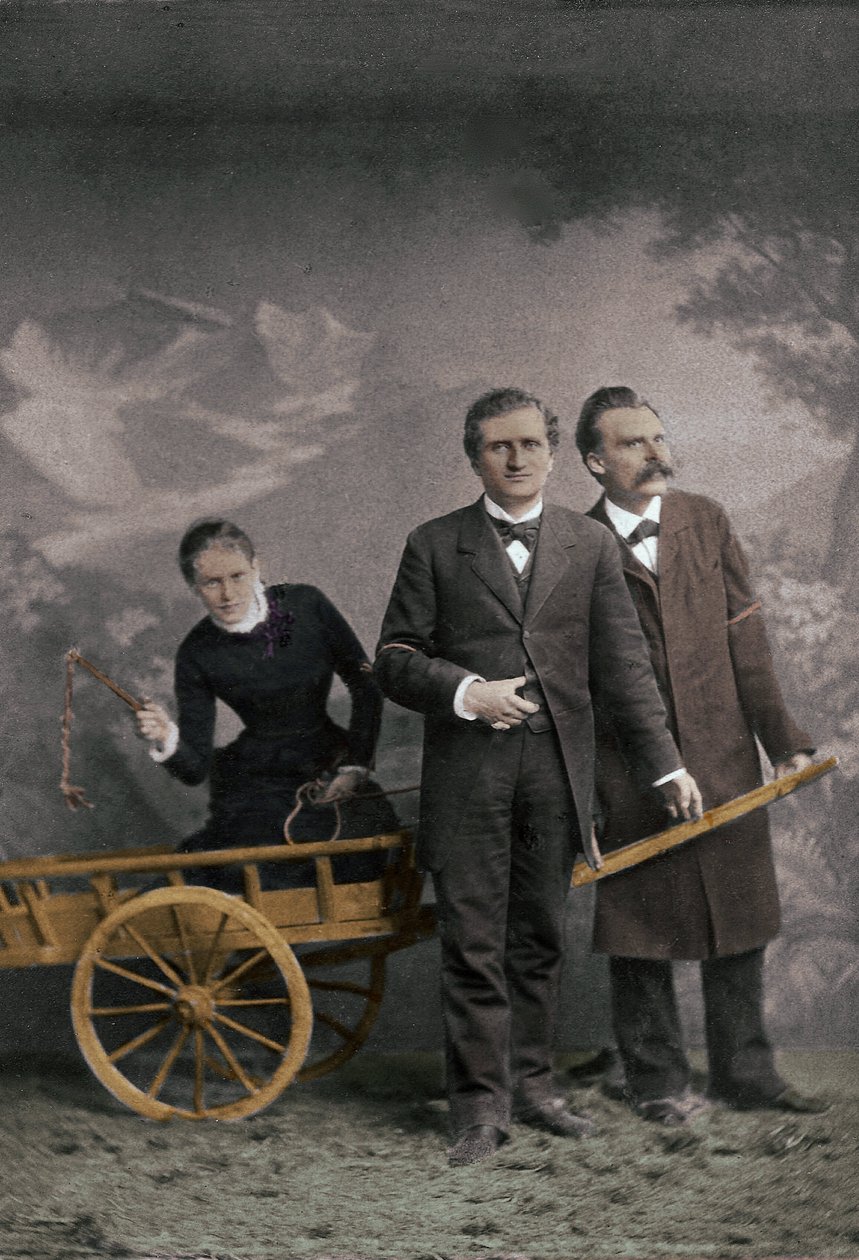Paul Ree (1849-1901) philosophe anglais - Lou Andreas-Salomé (1861-1937) psychanalyste russe - Friedrich Nietzsche (1844-1900) philosophe allemand - Mai 1882 (Lucerne, Atelier Jules Bonnet) coloration numérique - Unknown photographer
