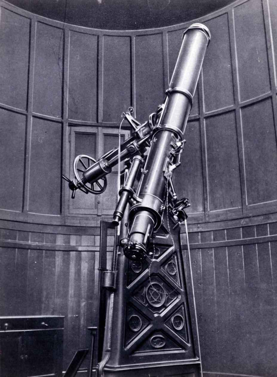 Le télescope de Giovanni Virginio Schiaparelli (1835-1910) astrophysicien à Brera (Milan). Il a observé des configurations rectilignes sur la planète Mars, les appelant les canaux martiens (canali) - Unknown photographer