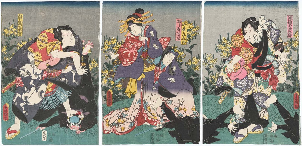 Acteurs Ichikawa Danjuro VIII en Nuregami Chogoro, Ichikawa Saruzo I en Yamasaki Yogoro, Iwai Kumesaburo III en Azuma du Fujiya, et Arashi Rikan III en Hanaregoma Chokichi - Utagawa Kunisada