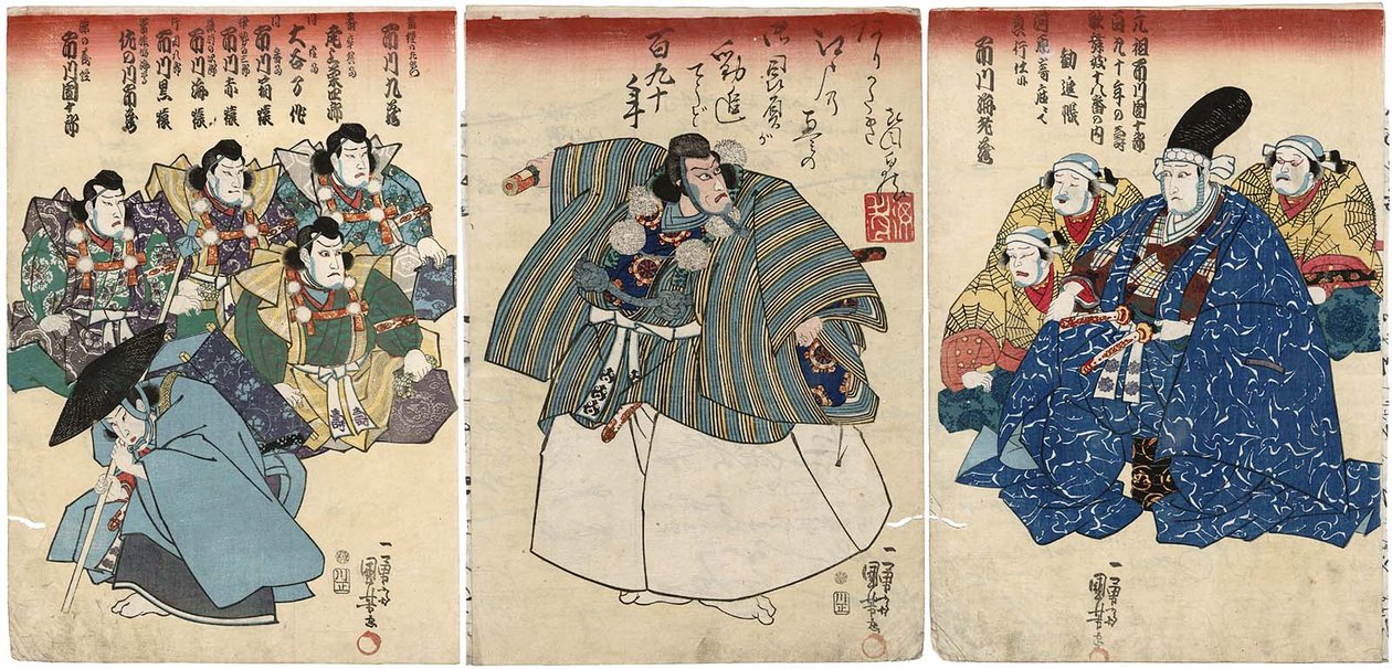 Acteurs dans Kanjincho: Ichikawa Kuzo II comme Togashi no Saemon R, Ichikawa Ebizo V comme Musashibo Benkei C, Ichikawa Danjuro VIII comme Minamoto no Yoshitsune L - Utagawa Kuniyoshi