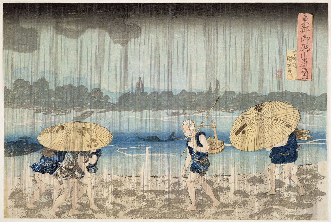 Averse sur les rives de la rivière Sumida à Ommaya, à Edo, vers 1834 (estampe sur bois) - Utagawa Kuniyoshi