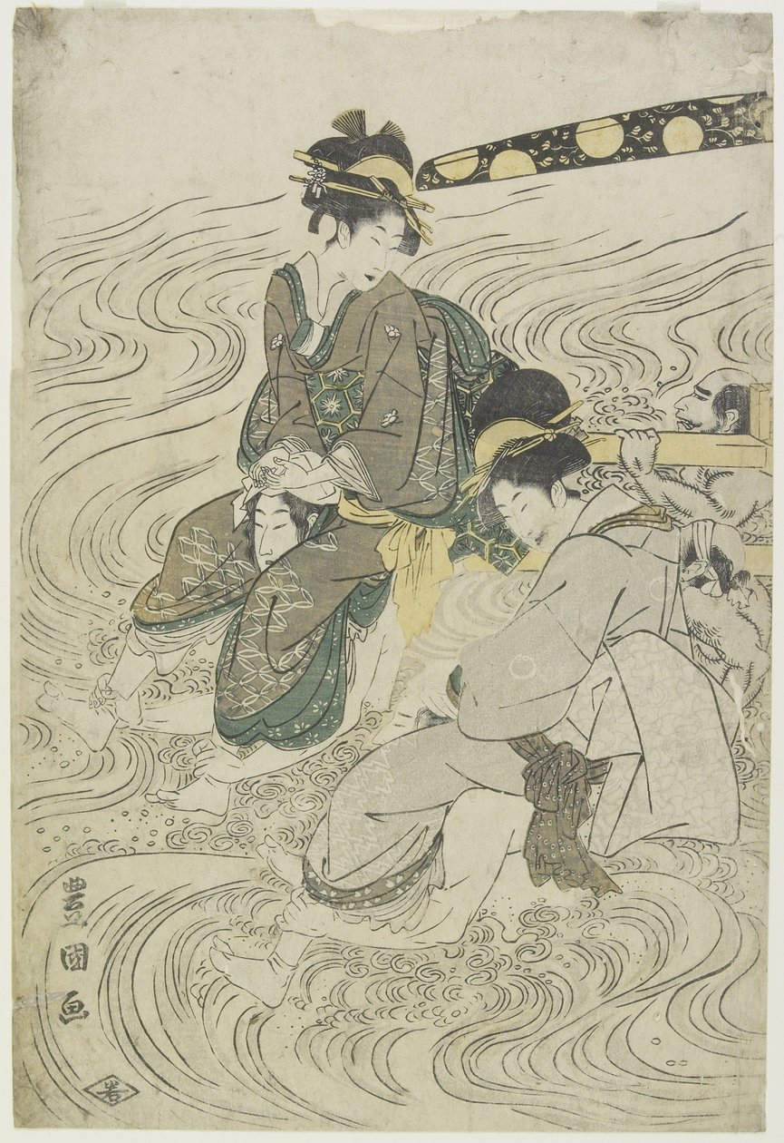 (Deux femmes traversant une rivière sur les épaules de coolies) - Utagawa Toyokuni