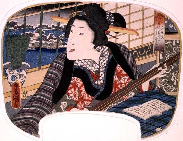 Hiver, étang de Shinobazu ; une geisha pratiquant une ballade, design pour un éventail d