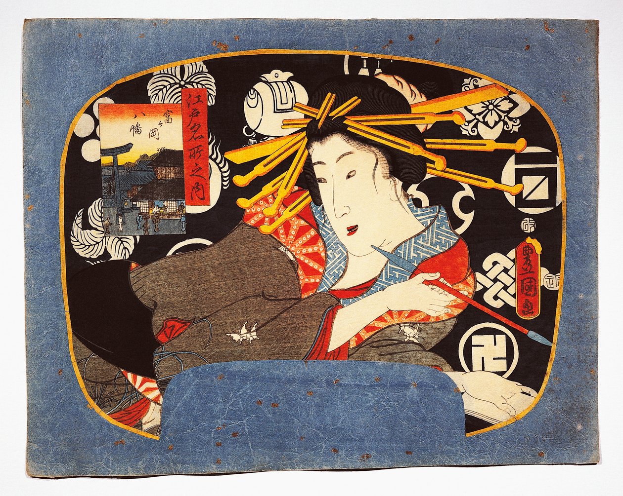 Courtisane avec une longue pipe, temple Hachiman en médaillon à gauche - Utagawa Kunisada