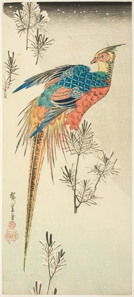 Faisan Doré Perché sur une Colline Enneigée Abrupte parmi de Petits Pins - Utagawa Hiroshige