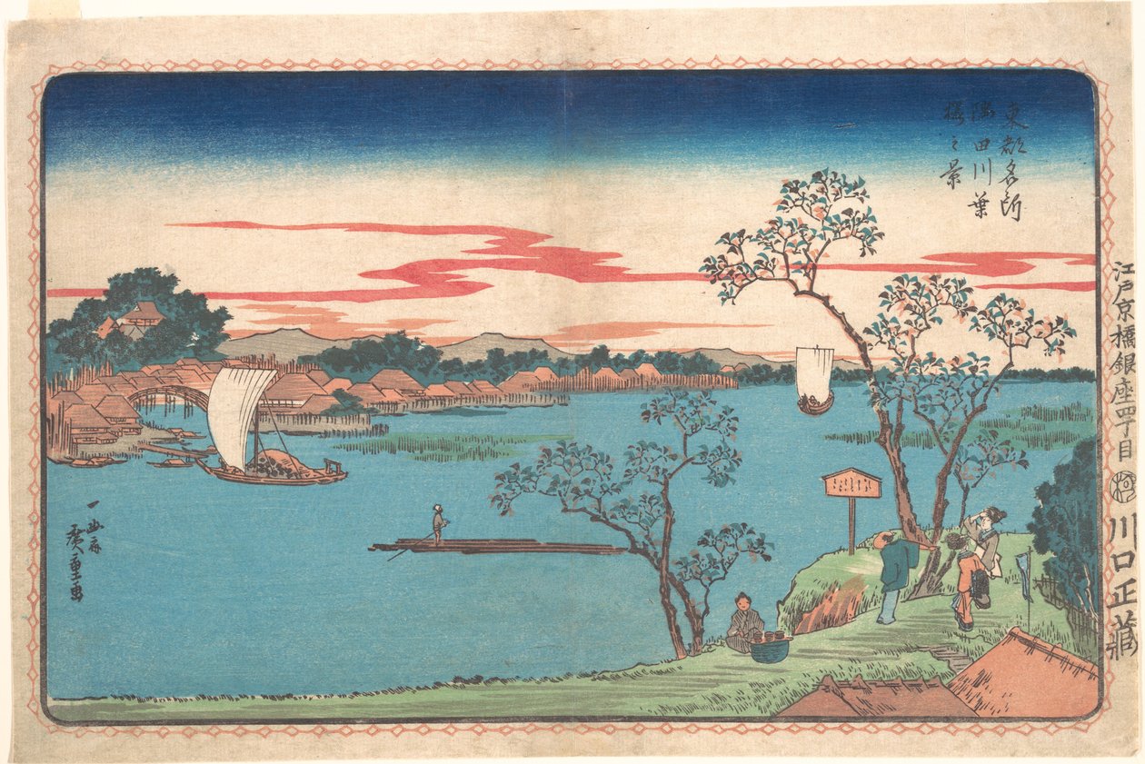 Vue de cerisiers en feuilles le long de la rivière Sumida - Utagawa Hiroshige