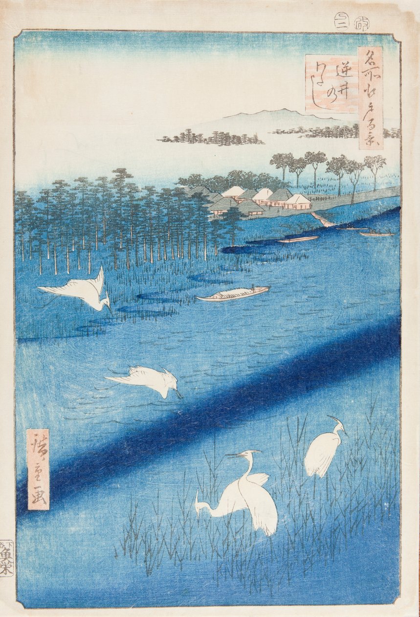 Les hérons blancs au bord de la rivière Sakasai / Sakasai no watashi, planche n° 58 de la série : Les cent vues célèbres d