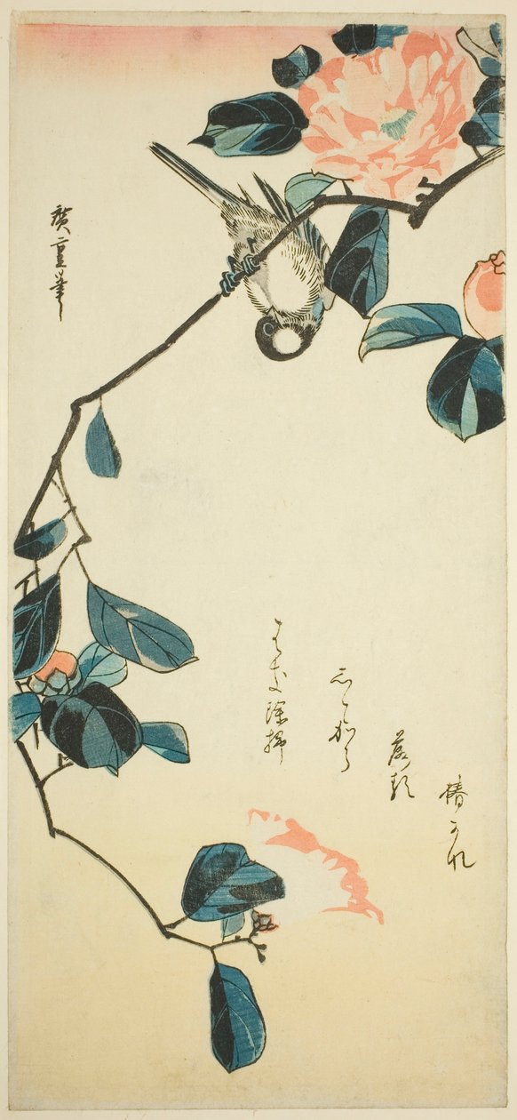 Bouvreuil sur une branche de camélia - Utagawa Hiroshige
