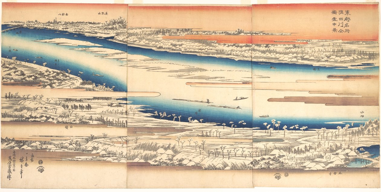 Lieux célèbres de la capitale orientale : Vue panoramique de la rivière Sumida sous la neige - Utagawa Hiroshige