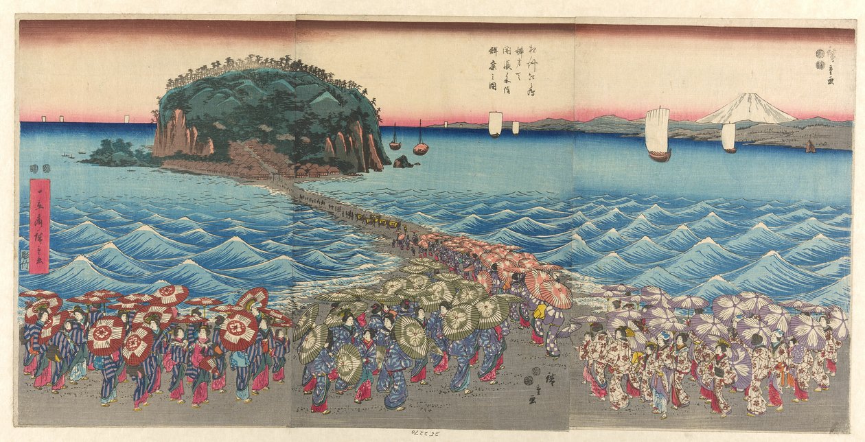 Foule visitant le sanctuaire Benzaiten à Enoshima dans la province de Sagami - Utagawa Hiroshige