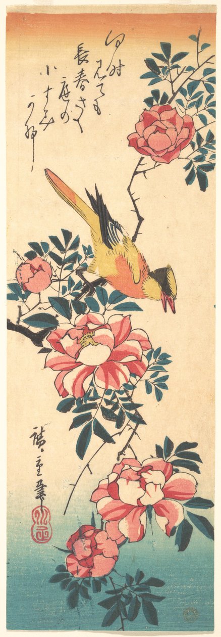 Östliche Grauwasserstelze und Rose - Utagawa Hiroshige