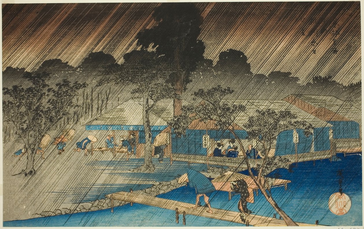 Averse du soir sur la rive de la rivière Tadasu (Tadasugawara no yudachi), de la série "Lieux célèbres de Kyoto (Kyoto meisho no uchi)" - Utagawa Hiroshige