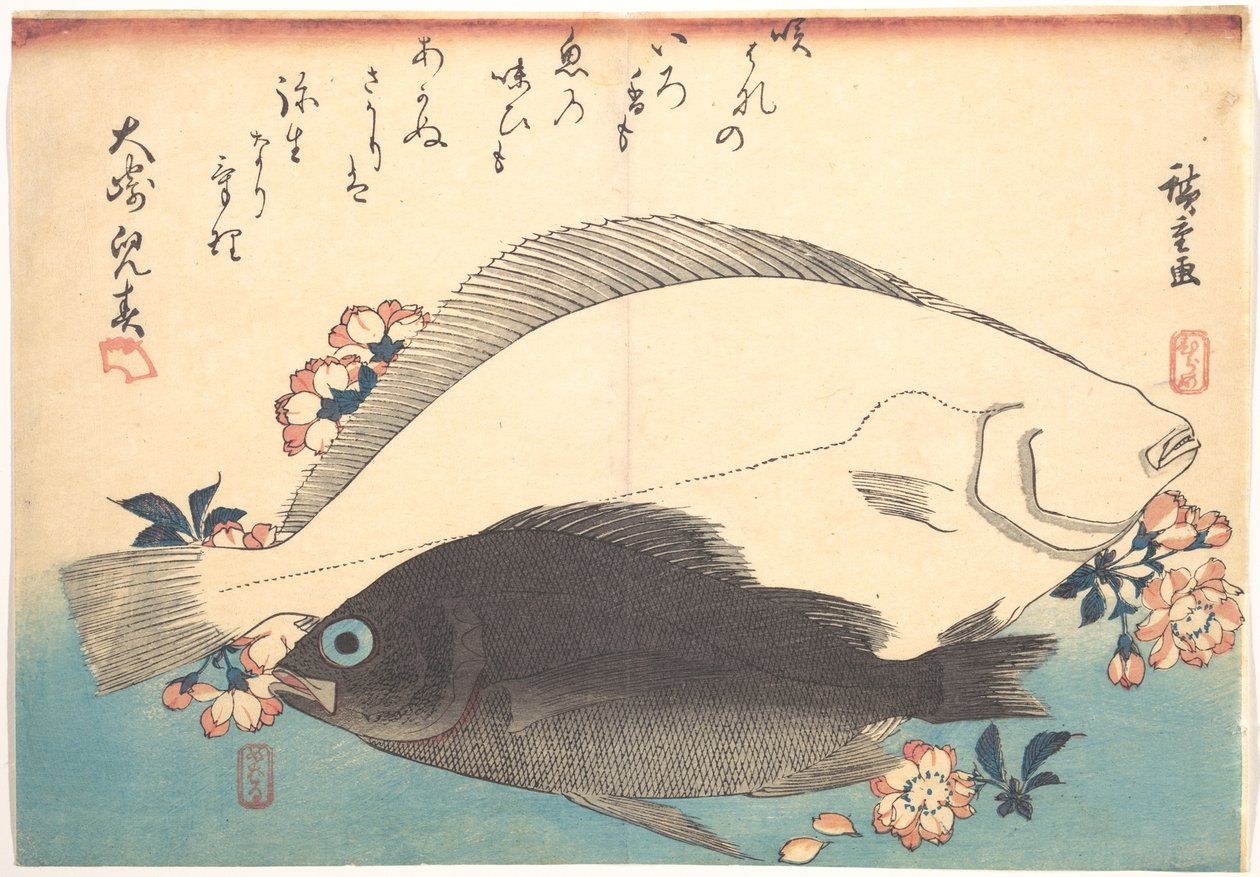 Poissons hirame et mebaru avec fleurs de cerisier, de la série Uozukushi - Toutes les variétés de poissons - Utagawa Hiroshige