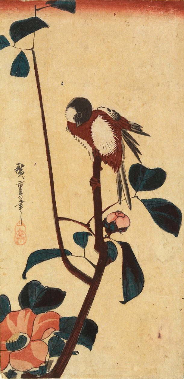 Mésange japonaise sur une branche de camélia - Utagawa Hiroshige