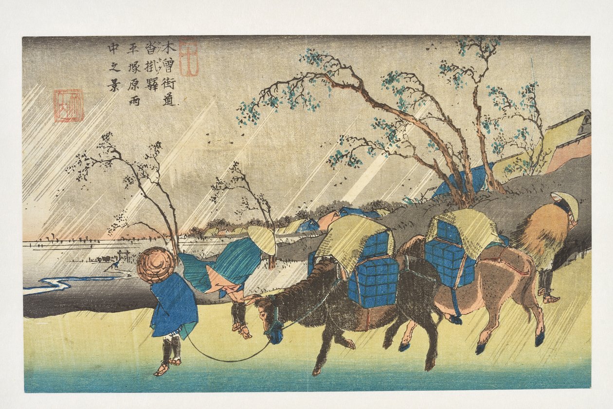 Kutsukake : Vue de la pluie sur la plaine de Hiratsuka, de la série « Les 69 stations du Kisokaidō » - Utagawa Hiroshige