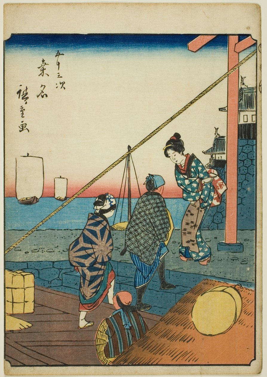 Kuwana, de la série "Les cinquante-trois stations [du Tokaido] (Gojusan tsugi)," également connue sous le nom de Tokaido des figures (Jinbutsu Tokaido) - Utagawa Hiroshige